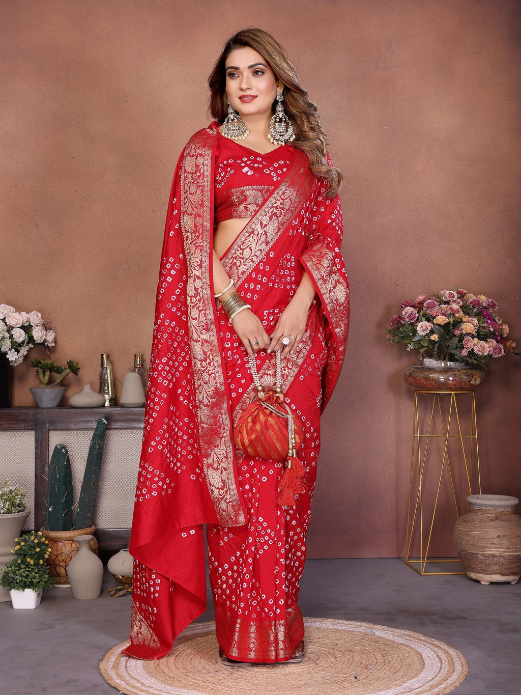Anaita Red Handmade Bandhej Viscose Silk Saree With Blouse | Grocsy