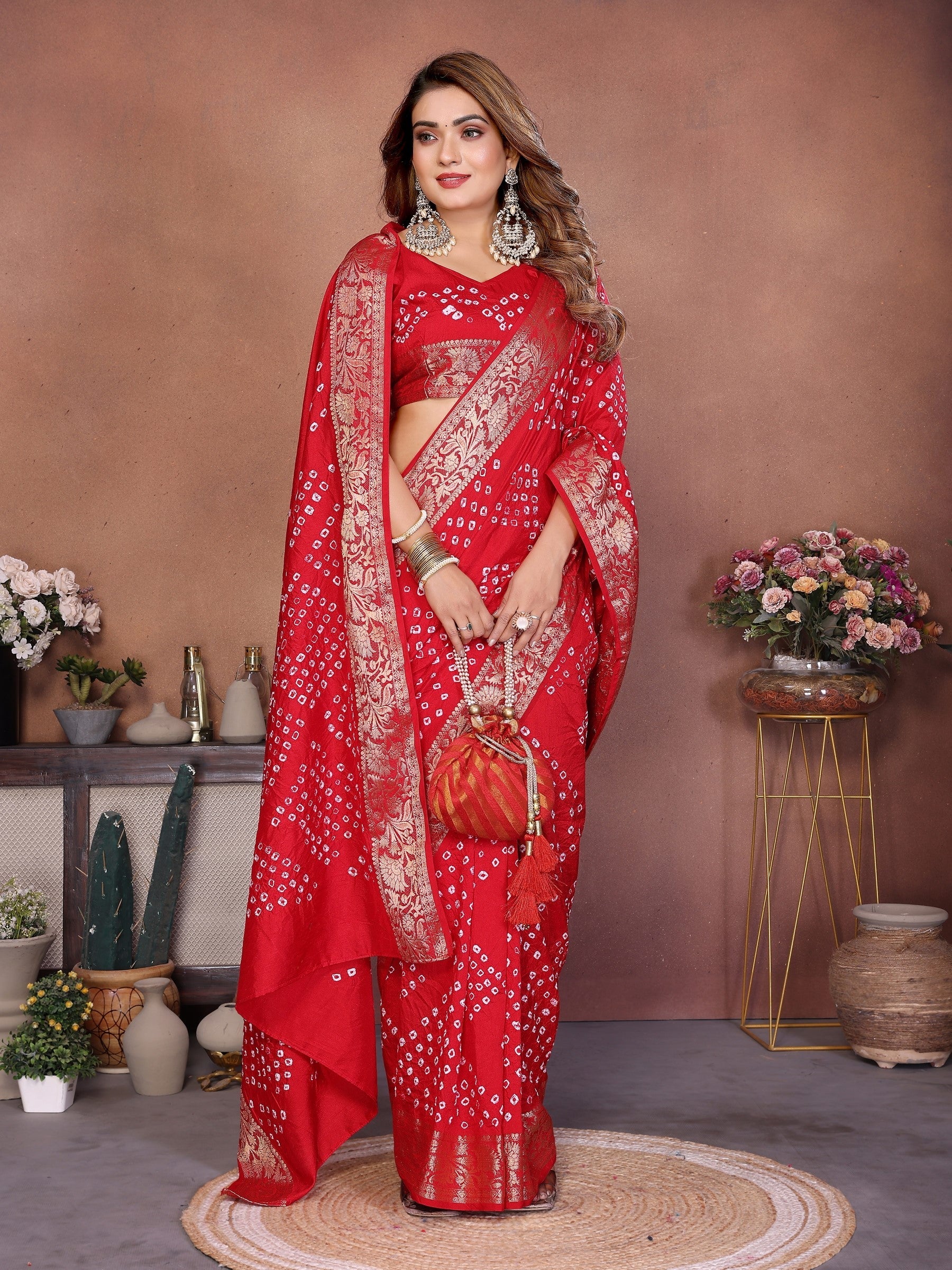 Anaita Red Handmade Bandhej Viscose Silk Saree With Blouse | Grocsy