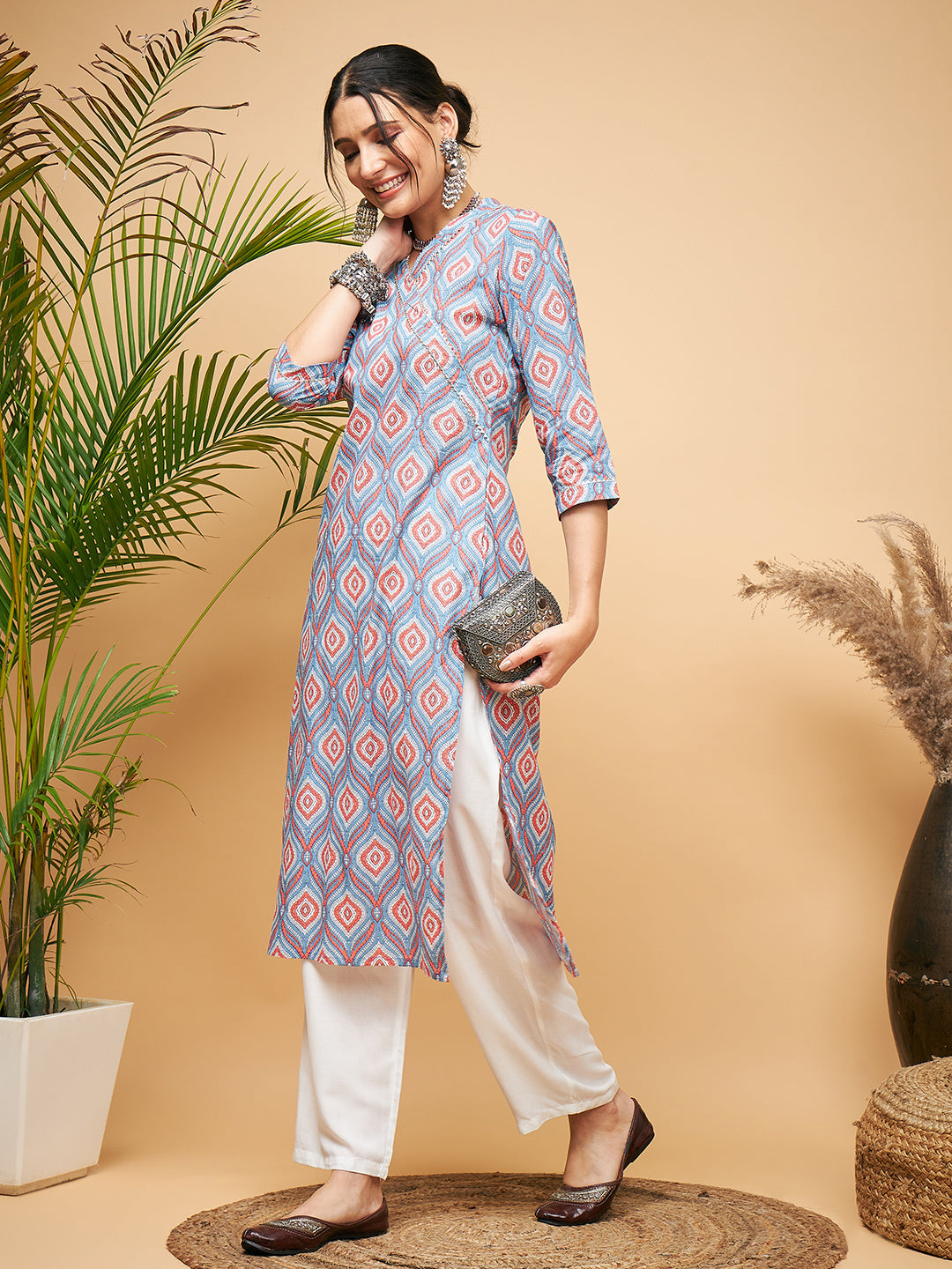 InWeave Women's Blue Pink Print Angrakha Style Straight Kurta Pant Set | Grocsy