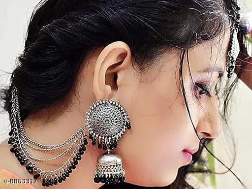Tehzeeb Creations Women's Silver And Black Colour Oxidised Earrings With Tikka | Grocsy