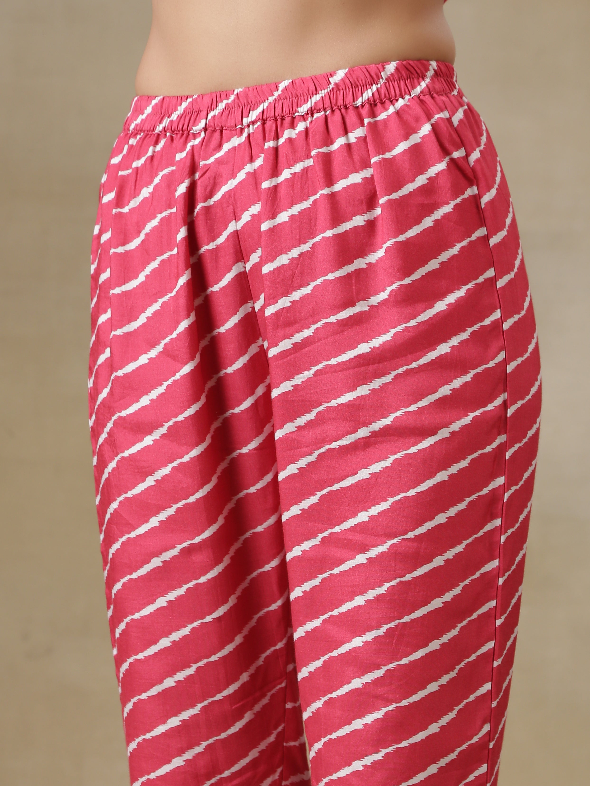 trueBrowns Pink Bandhani Printed Silk Anarkali Kurta Pant Dupatta Set | Grocsy
