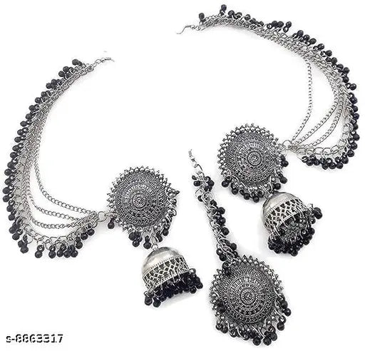 Tehzeeb Creations Women's Silver And Black Colour Oxidised Earrings With Tikka | Grocsy