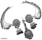 Tehzeeb Creations Women's Silver And Black Colour Oxidised Earrings With Tikka | Grocsy
