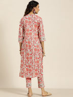 Sangria Women Off White & Peach-Coloured Floral Print Straight Cotton Kurta with Trousers | Grocsy