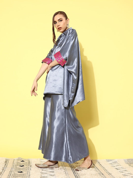 InWeave Women's Grey Pink Brocade Satin Boho Kurta Palazzo Set | Grocsy