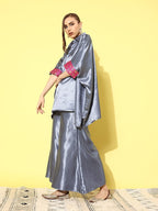 InWeave Women's Grey Pink Brocade Satin Boho Kurta Palazzo Set | Grocsy