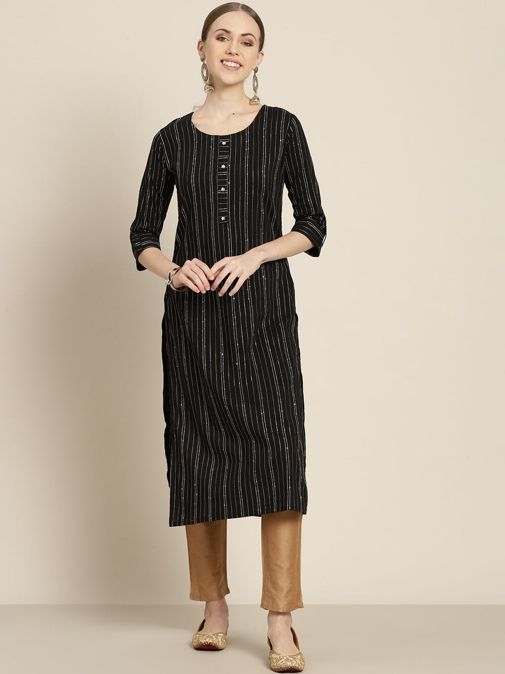 Sangria Women Black & White Striped Sequin Detail Kurta | Grocsy