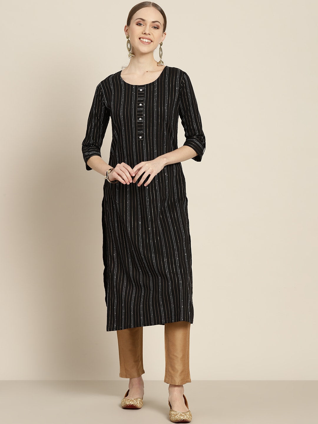 Sangria Women Black & White Striped Sequin Detail Kurta | Grocsy