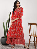 Sangria Women Red Printed Kurta with Palazzos | Grocsy