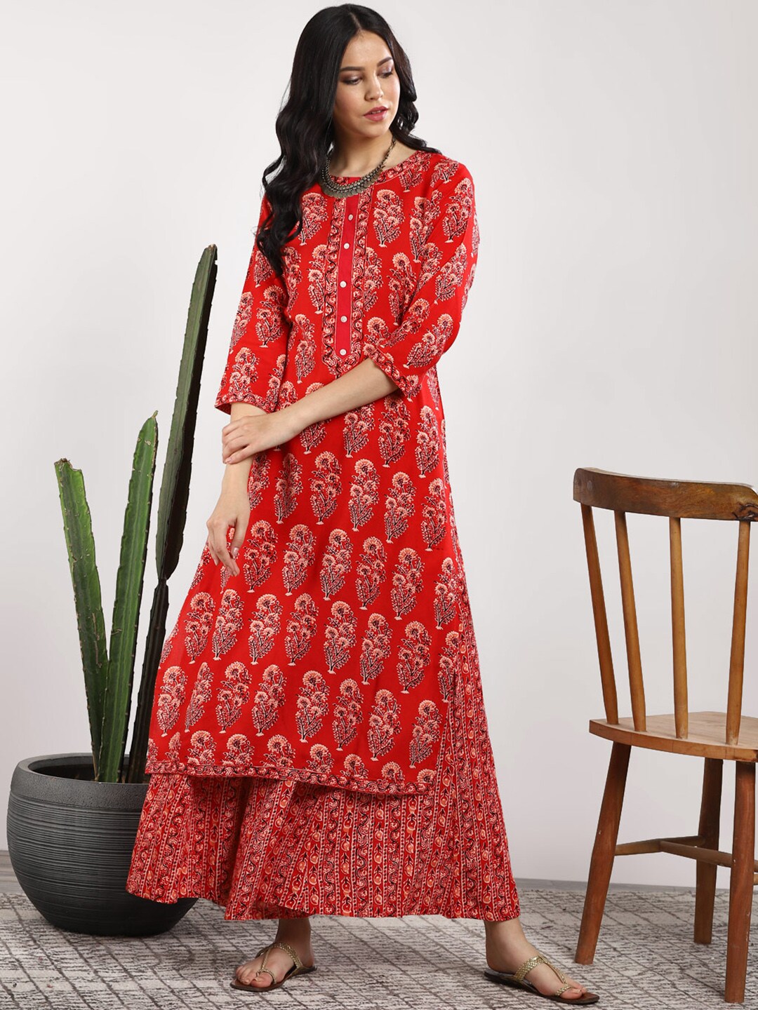 Sangria Women Red Printed Kurta with Palazzos | Grocsy