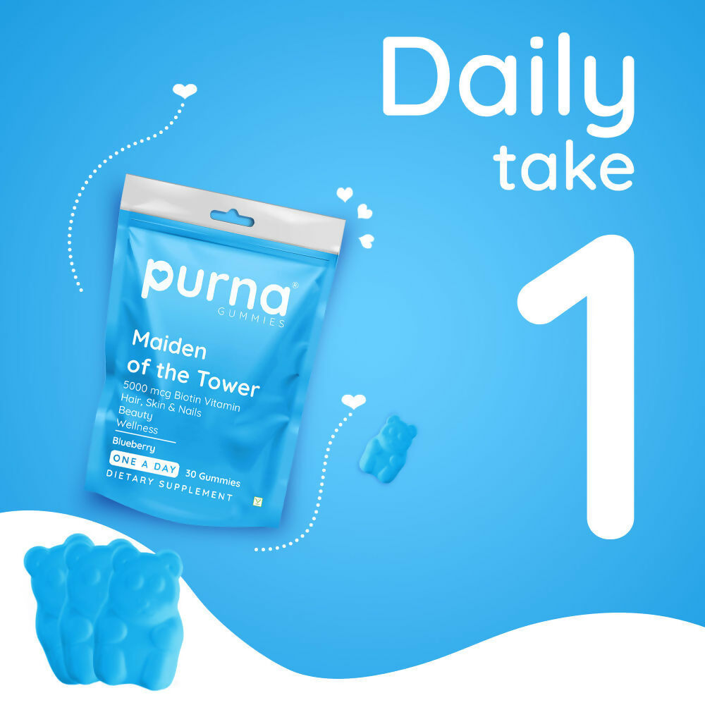 Purna Gummies Biotin Blueberry Flavour Gummies with Vitamin B 12 for Stronger Hair and Nails | Grocsy