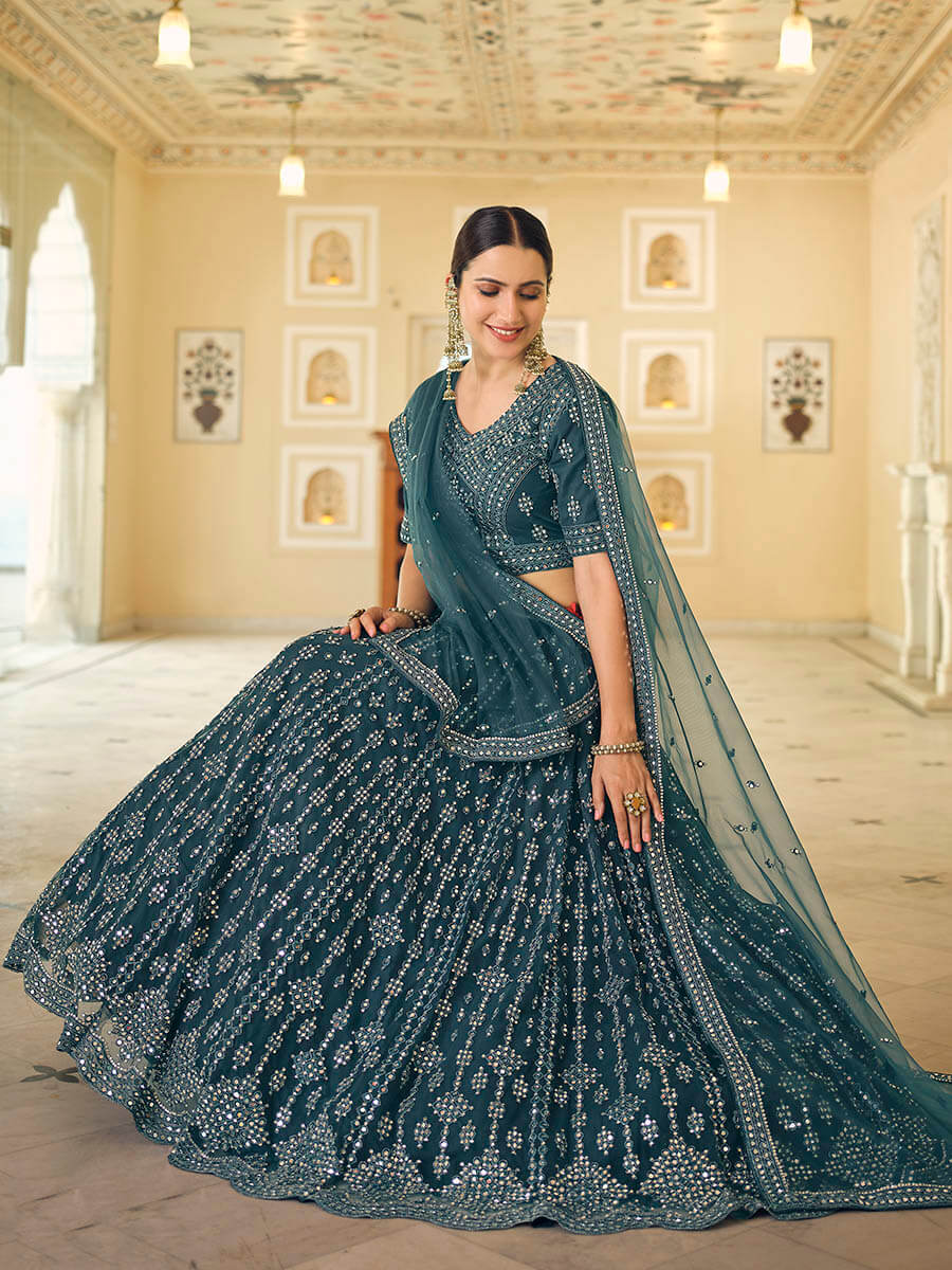 Myra Rama Blue Soft Net Embroidered Lehenga | Grocsy