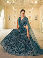 Myra Rama Blue Soft Net Embroidered Lehenga | Grocsy