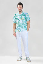Xkind Green Fine Cord Drop Shoulder Printed Relaxed Fit Shirt | Grocsy
