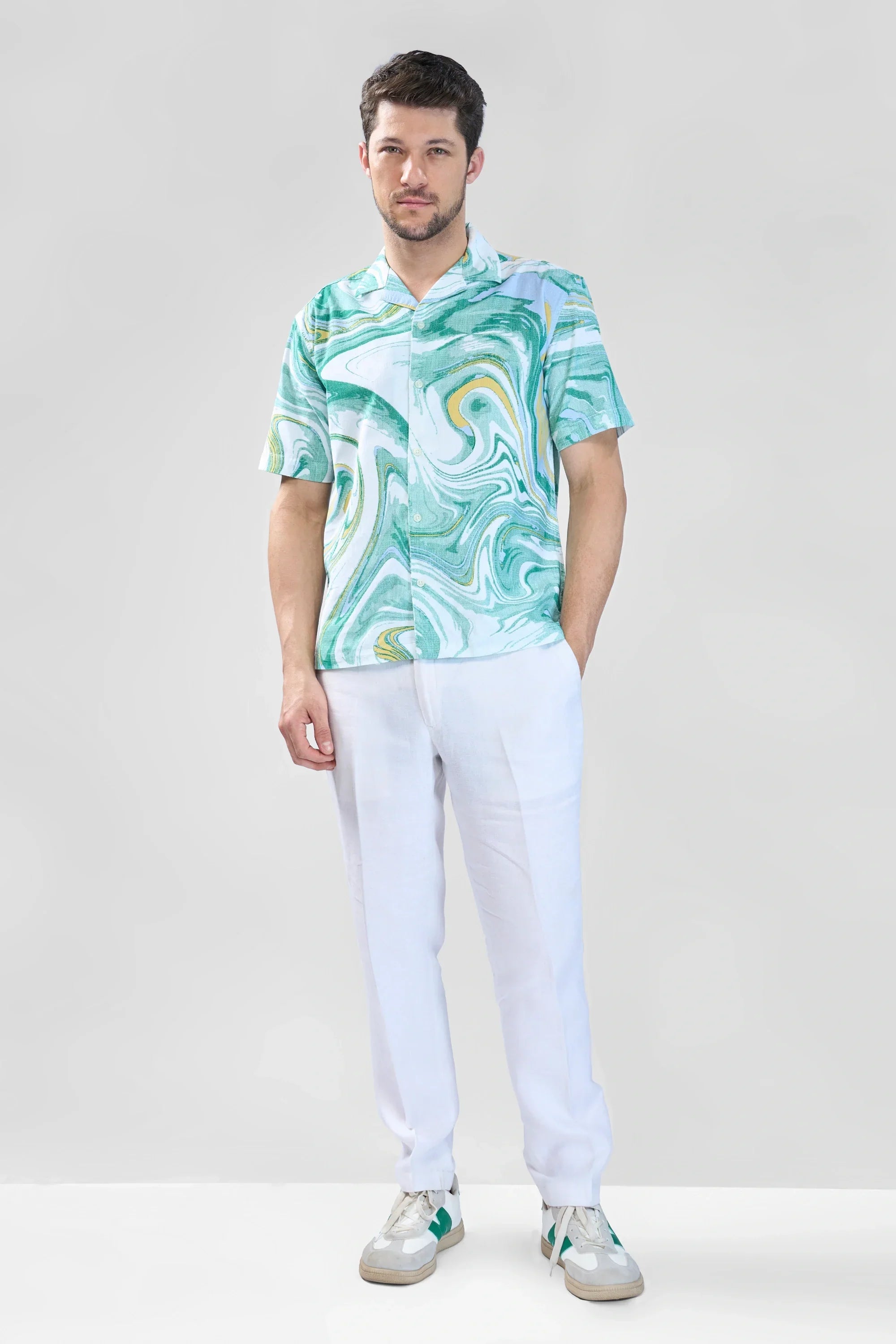 Xkind Green Fine Cord Drop Shoulder Printed Relaxed Fit Shirt | Grocsy