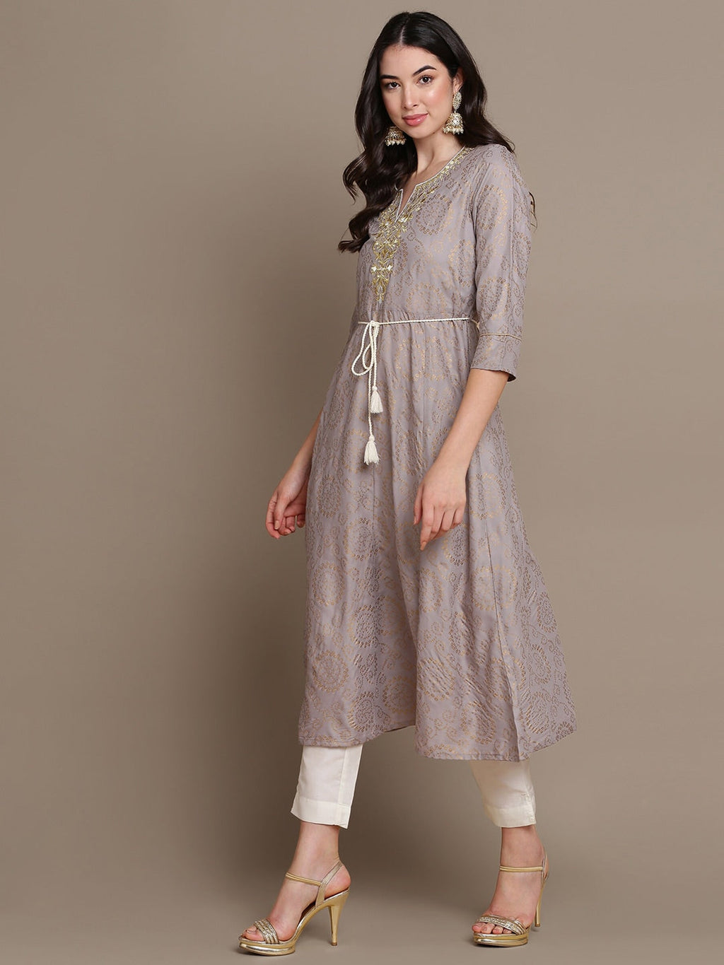 HERE&NOW Embroidered Bandhani Printed Notched Neck Thread Work Anarkali Kurta | Grocsy