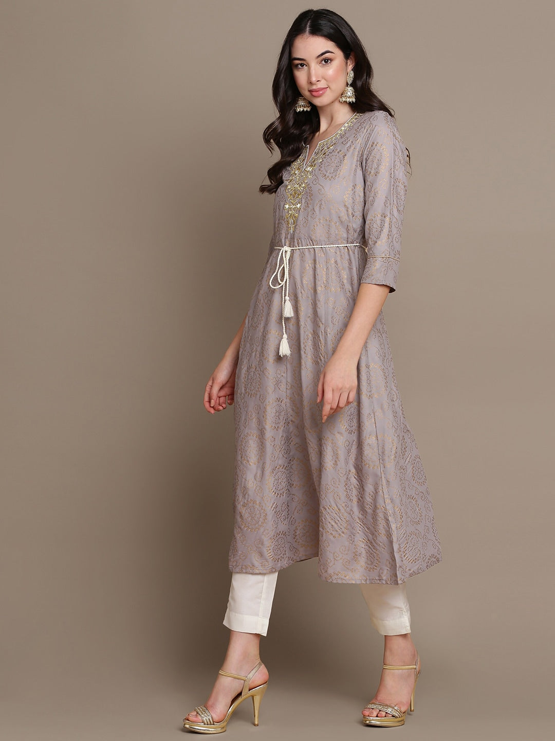 HERE&NOW Embroidered Bandhani Printed Notched Neck Thread Work Anarkali Kurta | Grocsy