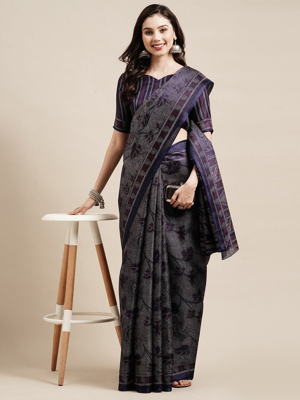 Saree Mall Navy Blue & Grey Floral Art Silk Bhagalpuri Sarees | Grocsy