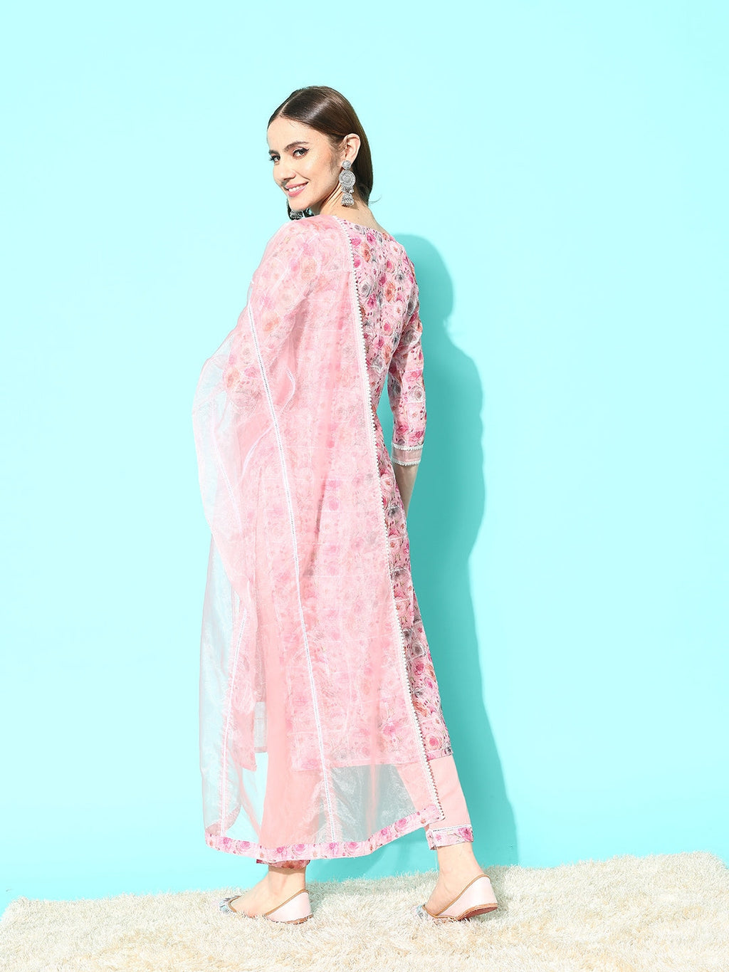 Sangria Floral Printed Regular Thread Work Linen Kurta with Trousers & With Dupatta | Grocsy