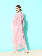 Sangria Floral Printed Regular Thread Work Linen Kurta with Trousers & With Dupatta | Grocsy