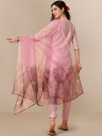 HERE&NOW Lucknowi Chikankari Schiffli Chanderi Silk Kurta Trousers with Organza Dupatta | Grocsy