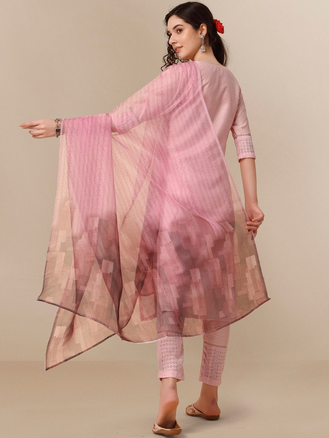 HERE&NOW Lucknowi Chikankari Schiffli Chanderi Silk Kurta Trousers with Organza Dupatta | Grocsy