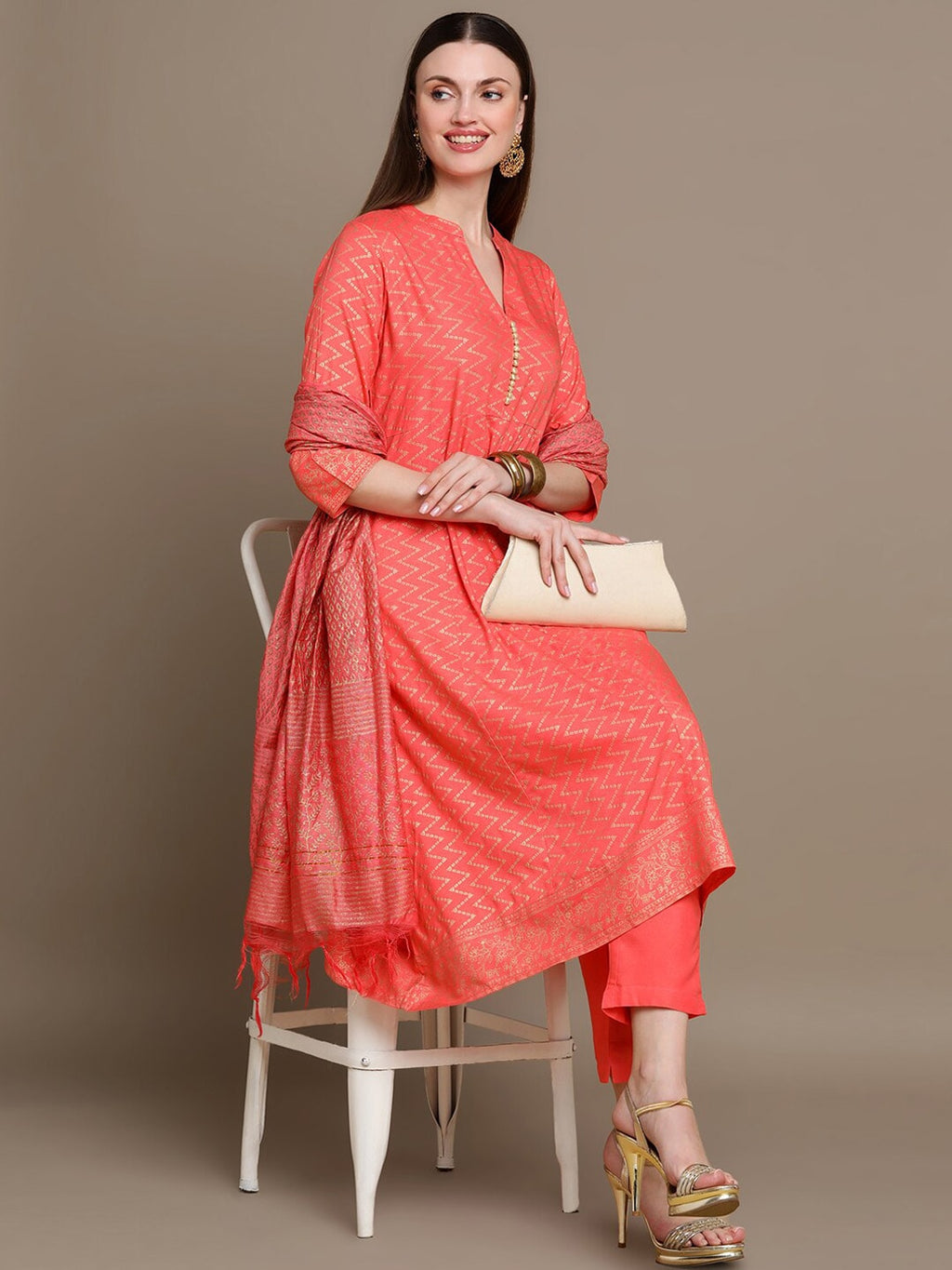 HERE&NOW Chevron Printed Kurta with Trousers & Dupatta | Grocsy