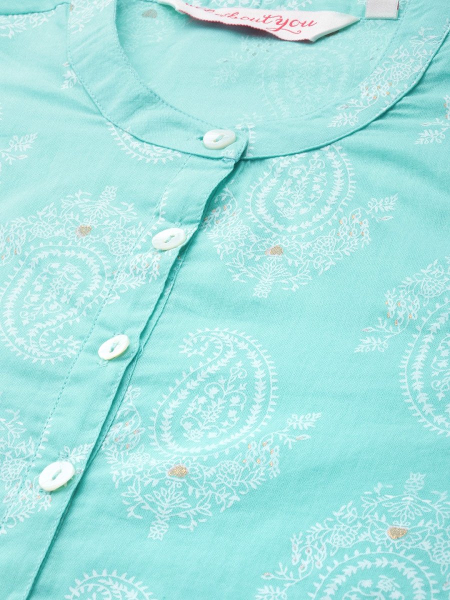 All About You Women Turquoise Blue & White Printed Pure Cotton Straight Kurta | Grocsy