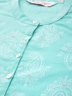 All About You Women Turquoise Blue & White Printed Pure Cotton Straight Kurta | Grocsy