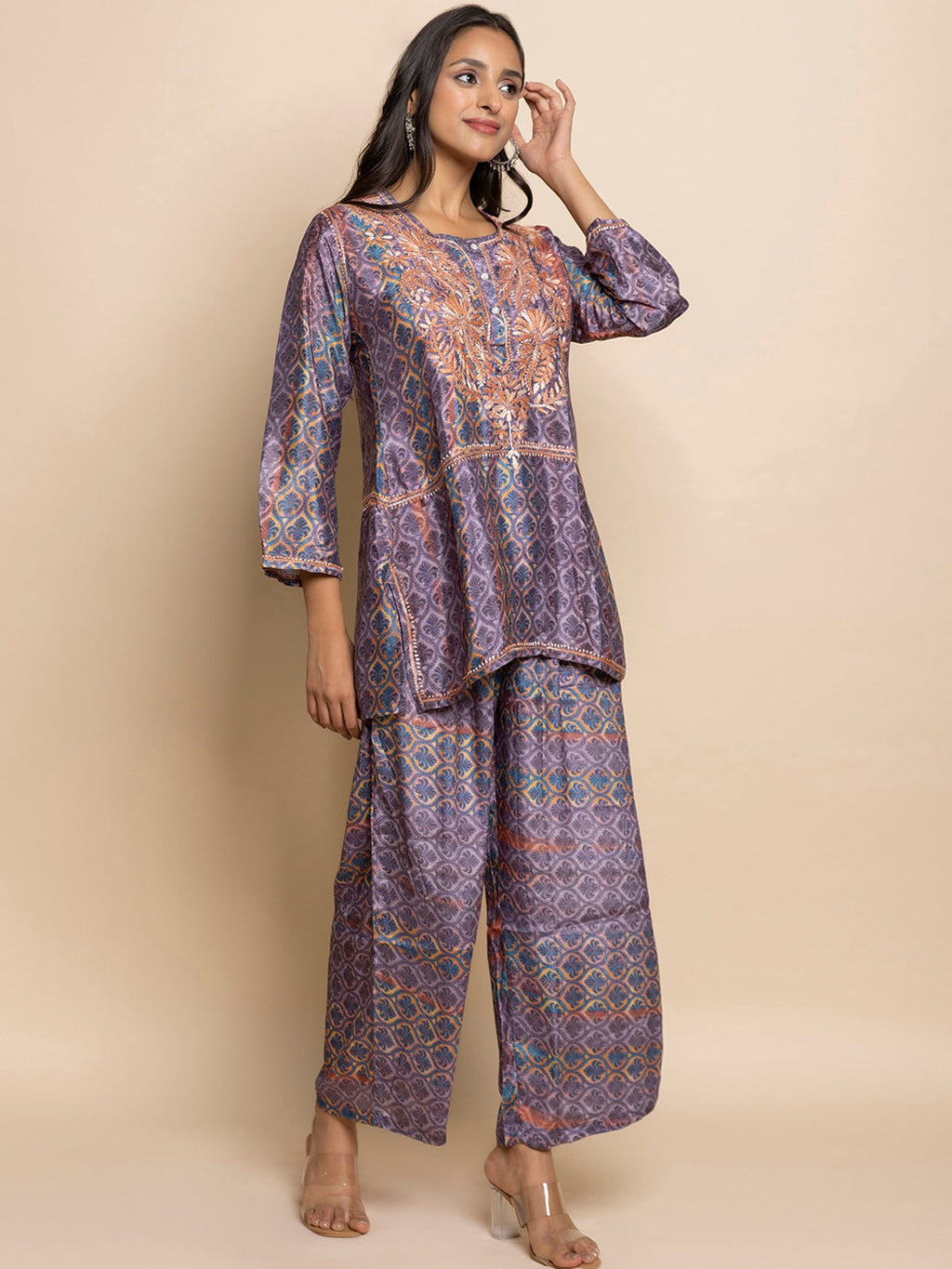 HOUSE OF KARI Floral Embroidered Regular Chikankari Straight Kurta with Palazzos | Grocsy
