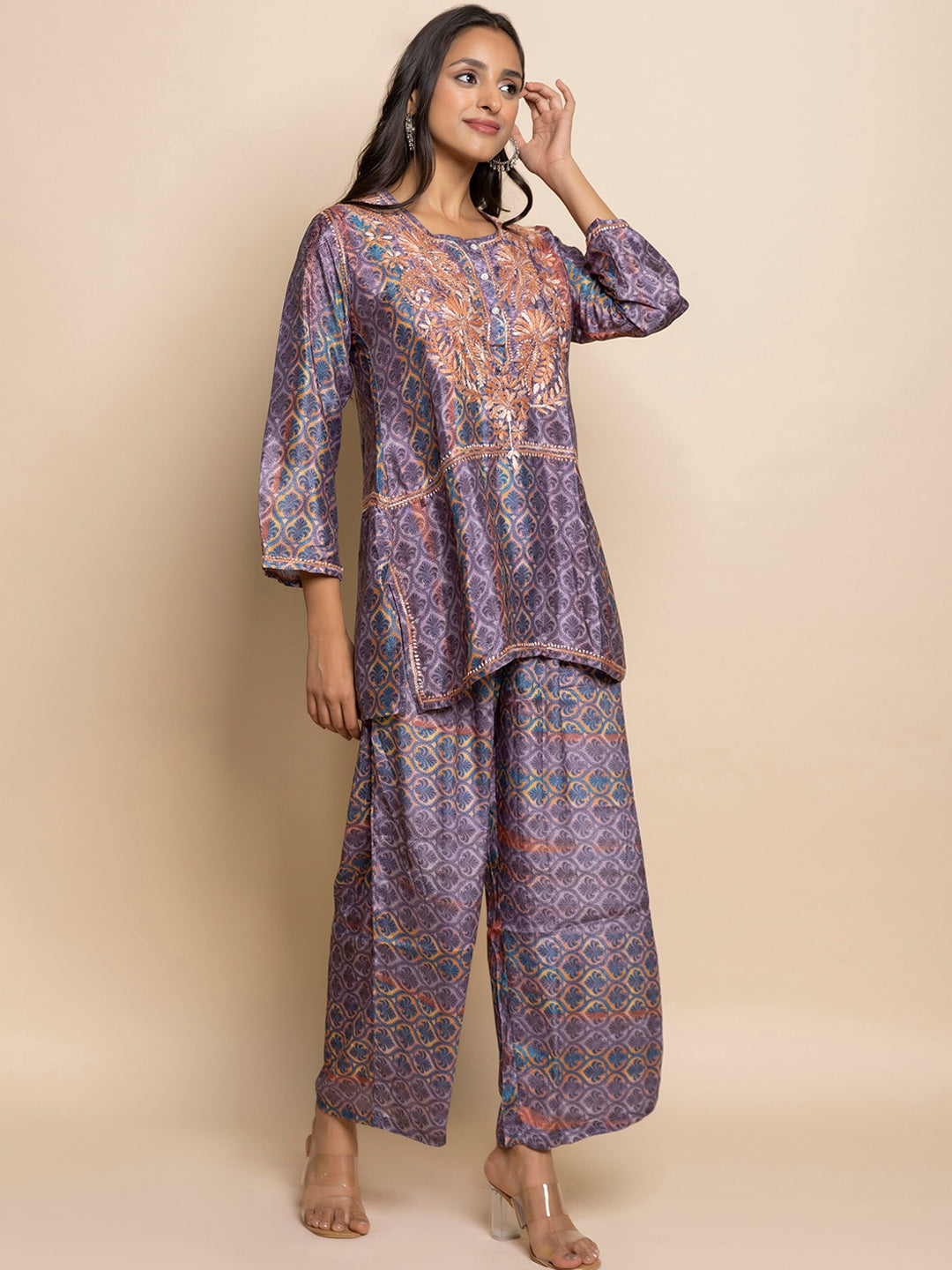 HOUSE OF KARI Floral Embroidered Regular Chikankari Straight Kurta with Palazzos | Grocsy