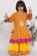 Little Bansi Girls Cotton Kurta frock with booti work,Sharara & Dupatta - Yellow | Grocsy