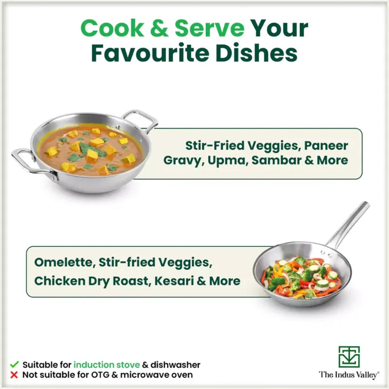 The Indus Valley TurboCuk Tri-ply Stainless Steel Cookware Set: 3L Kadai with Lid + 1.4L Fry Pan, Premium Quality, 3 Layer Thick Body, 100% Toxin-free, Non-stick, Induction & Gas | Grocsy