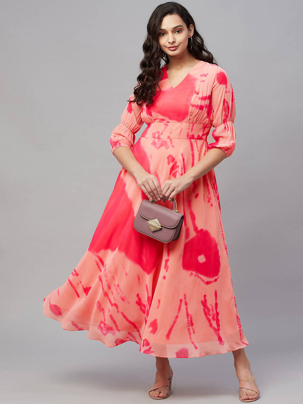 Myshka Stylish Printed 3/4 Sleeve ,V Neck Women Dress | Grocsy
