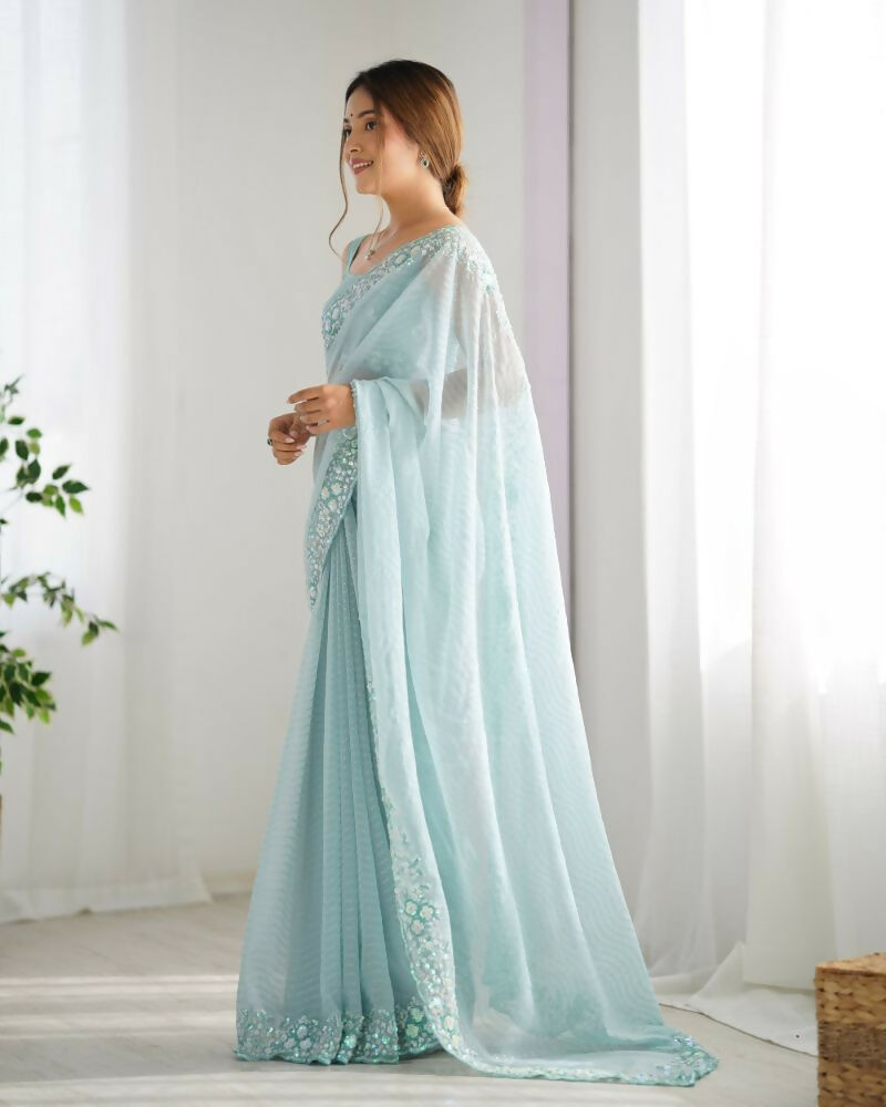 Georgette Designer Sequance Embroidery Work Party Wear Saree - Sky Blue | Grocsy