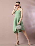 Myshka Women's Sea Green Solid Shoulder Straps Fit and Flare Party Dress | Grocsy