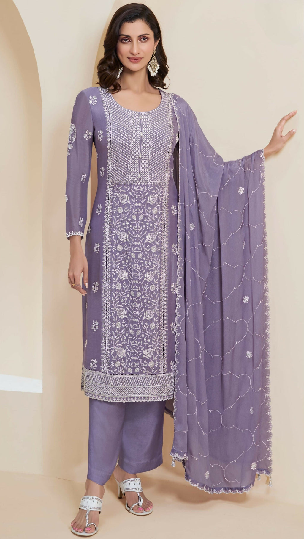 Anaita Purple Chinon Embroidered Thread Work Stitched Salwar Suit | Grocsy