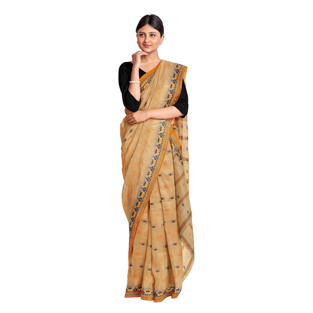 Exclusive Collection 100% Pure Cotton Biege Tant Saree With Hand Weaving Work | Grocsy