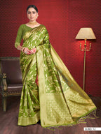 Vardha Olive Green Woven Banarasi Saree | Grocsy