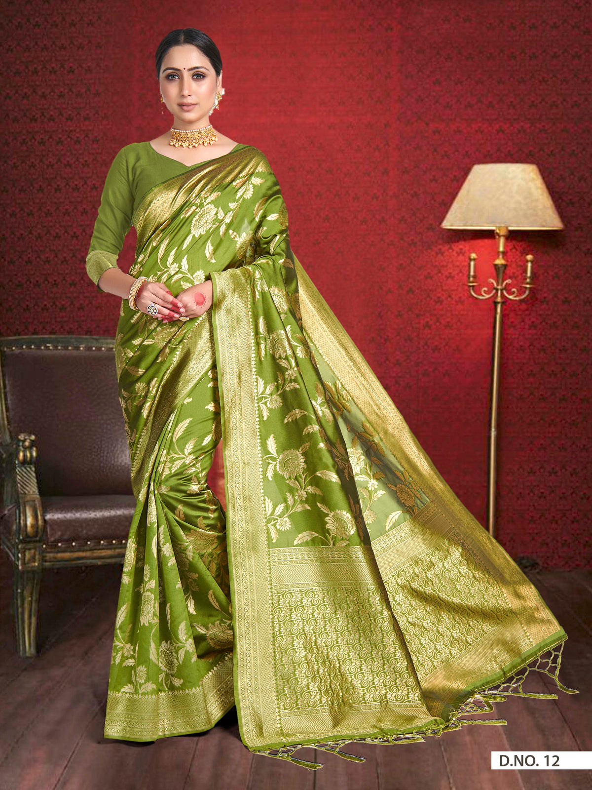 Vardha Olive Green Woven Banarasi Saree | Grocsy