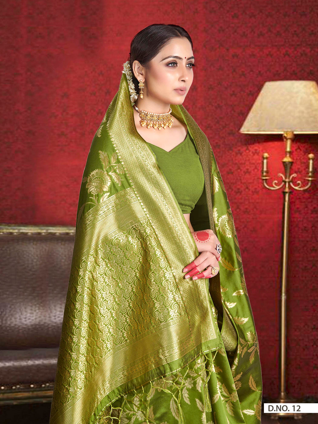 Vardha Olive Green Woven Banarasi Saree | Grocsy