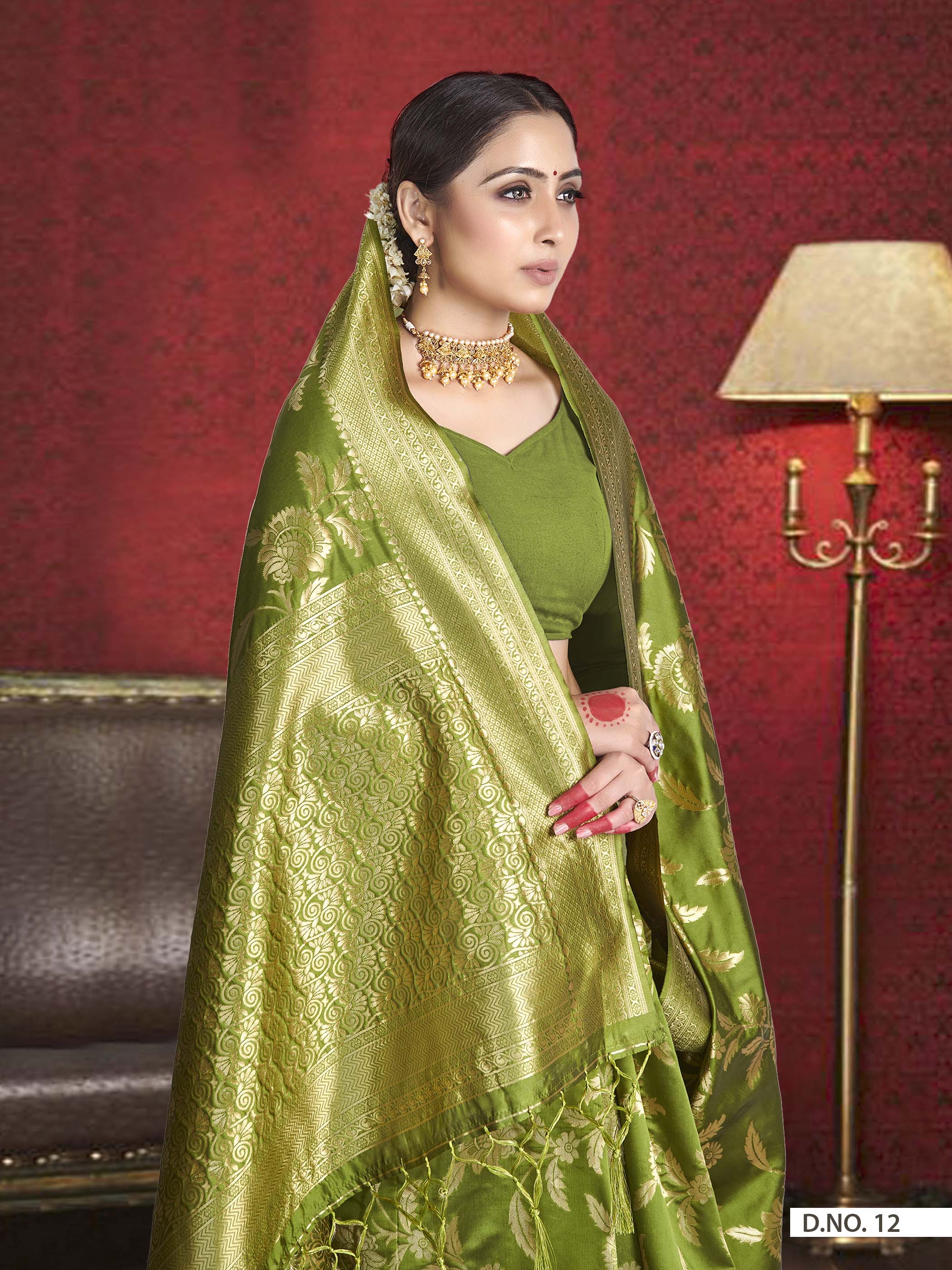 Vardha Olive Green Woven Banarasi Saree | Grocsy