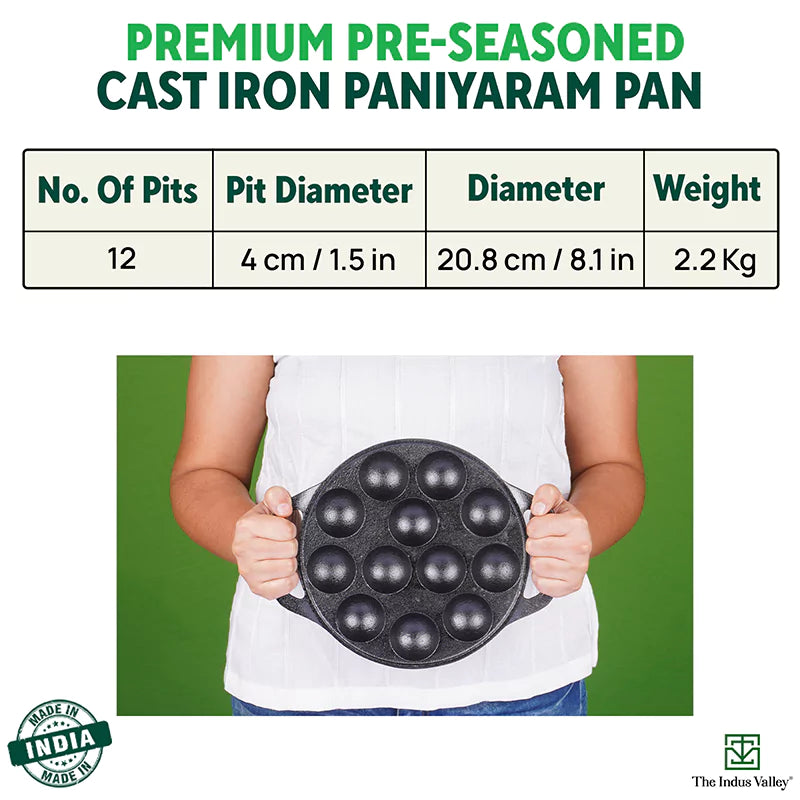 The Indus Valley 12 Pit/Cup CASTrong Cast Iron Kuzhi Paniyaram/Paddu Pan/Appe Maker, Pre-seasoned, 100% Pure, Toxin-free, Spatula, 21 cm, 2.2 kg | Grocsy
