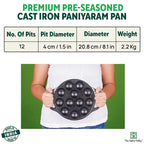 The Indus Valley 12 Pit/Cup CASTrong Cast Iron Kuzhi Paniyaram/Paddu Pan/Appe Maker, Pre-seasoned, 100% Pure, Toxin-free, Spatula, 21 cm, 2.2 kg | Grocsy