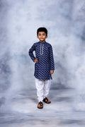 Ahalyaa Boys Navy Blue Pure Cotton Digital Print Kids Kurta Churidar Set | Grocsy