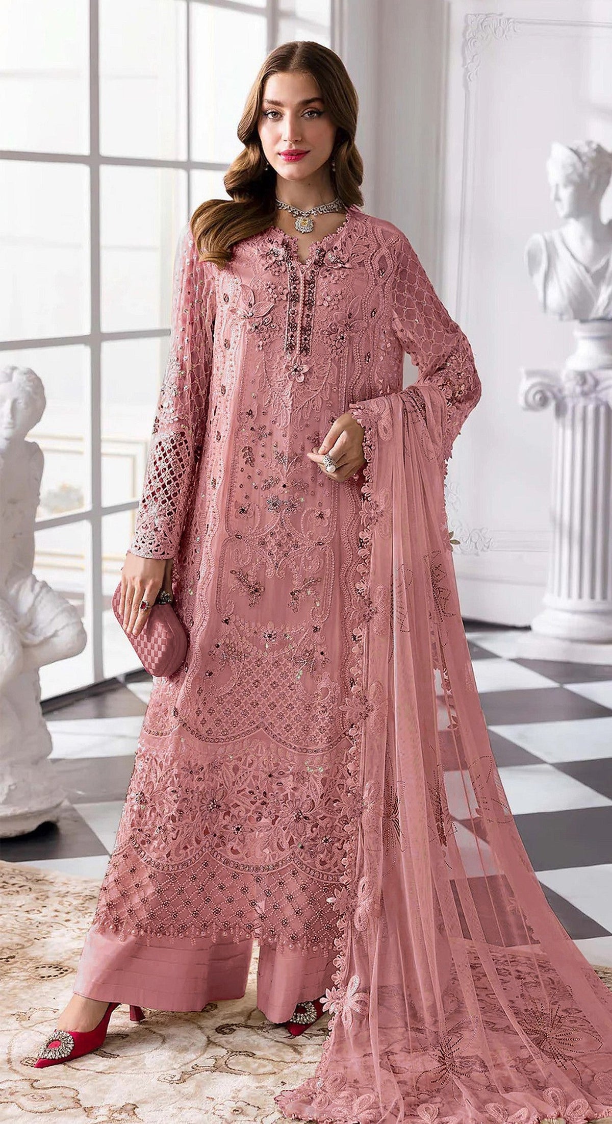 Anaita Peach Fox Georgette Suit With Khatli & Sequence Work | Grocsy