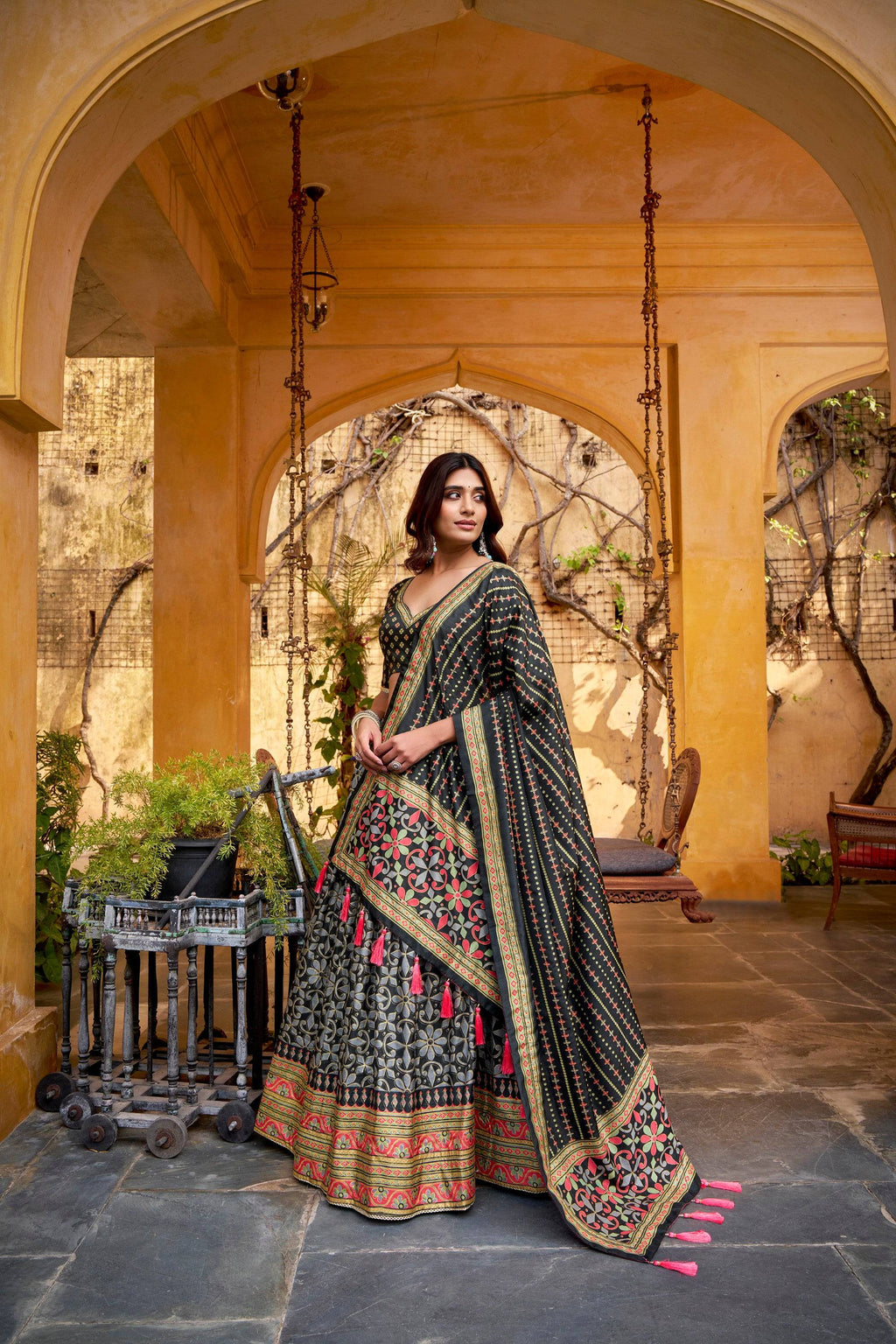 Lorenvalley Fashion Black Tasar Silk Iconic Sparkle with Lace Border Lehenga Choli with Dupatta | Grocsy