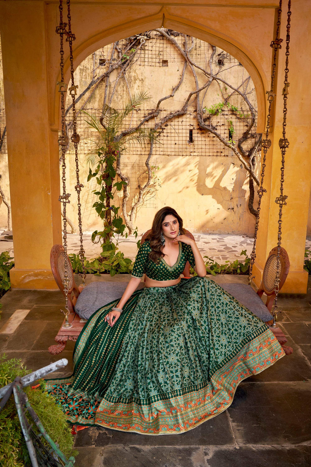 Lorenvalley Fashion Green Tasar Silk Iconic Sparkle with Lace Border Lehenga Choli with Dupatta | Grocsy