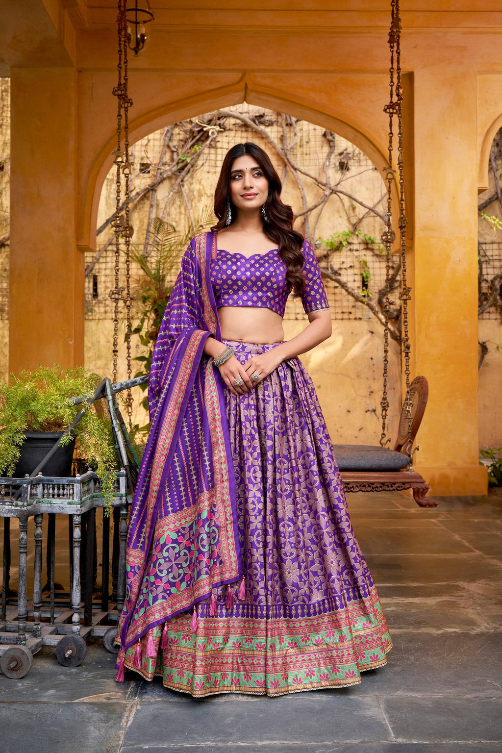 Lorenvalley Fashion Purple Tasar Silk Iconic Sparkle with Lace Border Lehenga Choli with Dupatta | Grocsy
