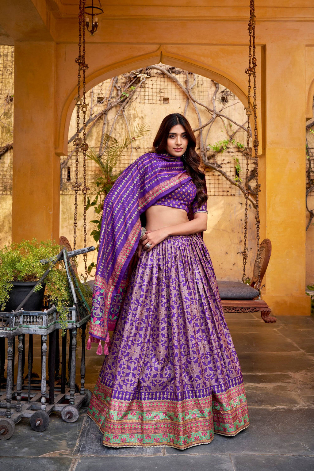 Lorenvalley Fashion Purple Tasar Silk Iconic Sparkle with Lace Border Lehenga Choli with Dupatta | Grocsy